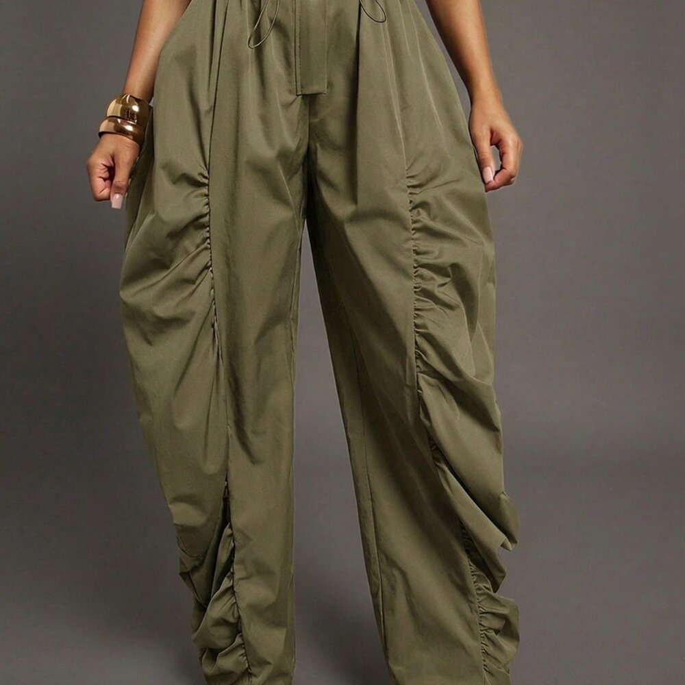 Green Casual Women's Ruched Wide Leg Drawcord Waist Utility Jumpsuit - Picture 4 of 5